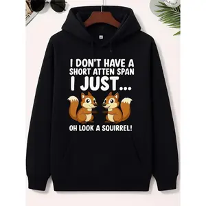 Men's funny squirrel-themed hoodie with a playful message about attention span Graphic Hoodie - Long Sleeve Pullover Regular Fit | Soft & Breathable Fabric, Durable Print, Everyday Comfort, Machine Washable, casual and humorous indoor product display with