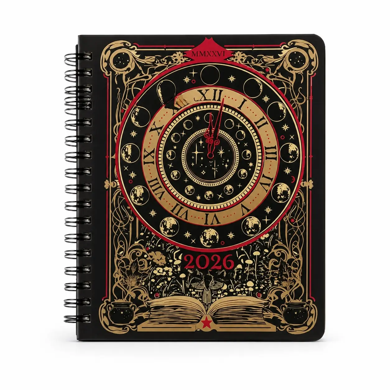 2026 Gothic Celestial Weekly Planner, Spiral-Bound Hardcover Organizer with Monthly Tabs, 164 Pages, 4 Sticker Sheets, Pocket, Elastic Band and Bookmark, 8.66 x 6.89 in