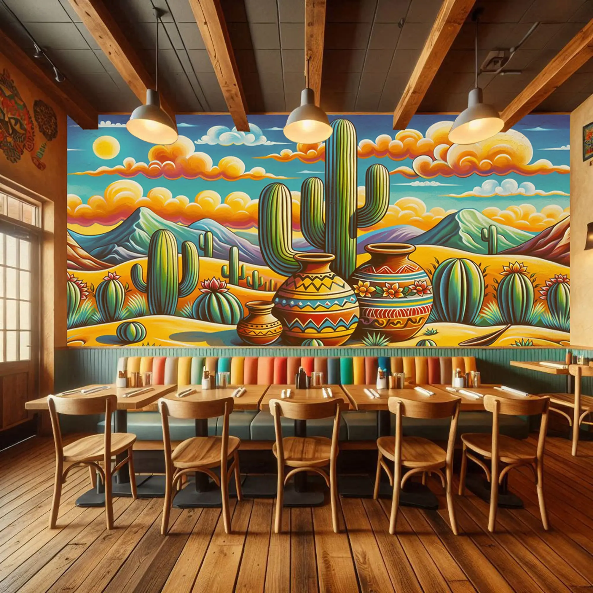 Peel and Stick Desert Scene Wallpaper with Cactus & Colorful Mexican Pottery – Ideal for Mexican Restaurant Renovations