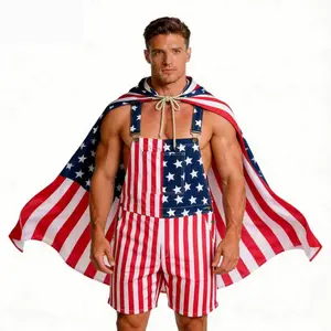 Patriotic Bib Overalls for Men Women American Flag Print Stretchy Breathable Fabric Summer Outfit for Memorial Day National Holiday Festivals