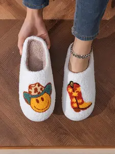 Women's Cartoon Embroidered Slippers, Tpr Sole, Fleece Lining, Warm Fall & Winter Home Shoes, Casual Textile Upper, Less Than Ankle Height, Soft Sole Slippers