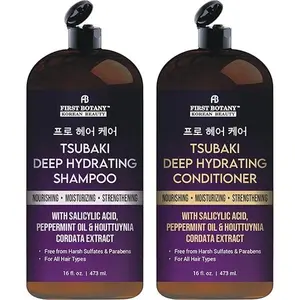 Korean Tsubaki Deep Hydrating Shampoo & Conditioner Set – With Hyaluronic Acid, Biotin & Argan Oil – Nourishing, Moisturizing – Sulfate & Paraben Free – For All Hair Types, 16 fl oz