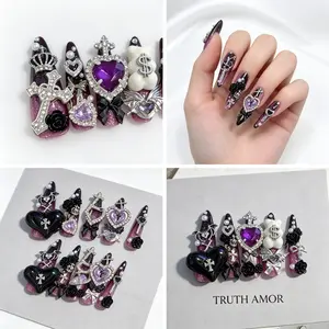 10Pcs, TRUTH AMOR, Purple Black Gothic Press On Nails, 3D Silver Charm Cross Heart Crown Rose Dollar Design, Almond Shaped, Reusable, Easy Apply, Daily Party Outfit, ViralPressOnNails, GothicNails, FakeNails, NailArt