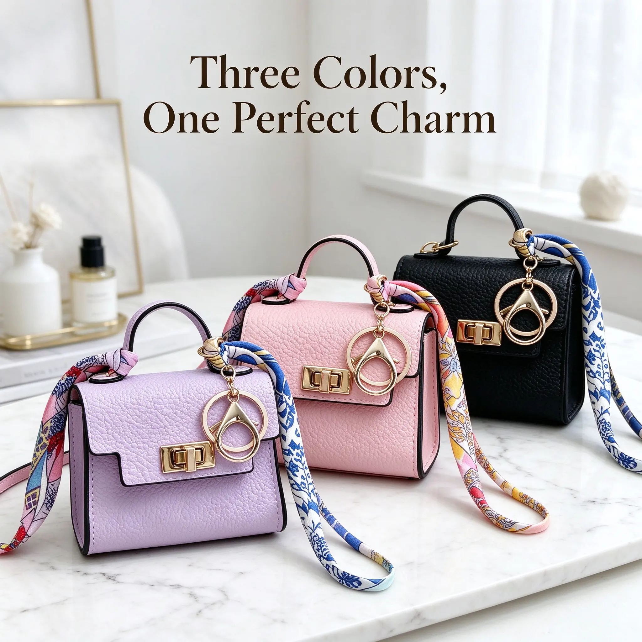 Mini Square Leather Bag Charm Keychain, Cute Pebbled Leather Purse Pendant with Silk Scarf, Gold Hardware Key Ring for Women, Cute Car Key & Handbag Accessory (3 Colors)