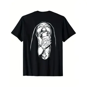 New[100% Cotton] Nun Tattoo Graphic T-Shirt For Men Cotton Crew Neck Geometric Print Casual Wear Medium Stretch Knit Fabric Short Sleeves Regular Fit Black Golf Gift T-Shirt For Men And Women