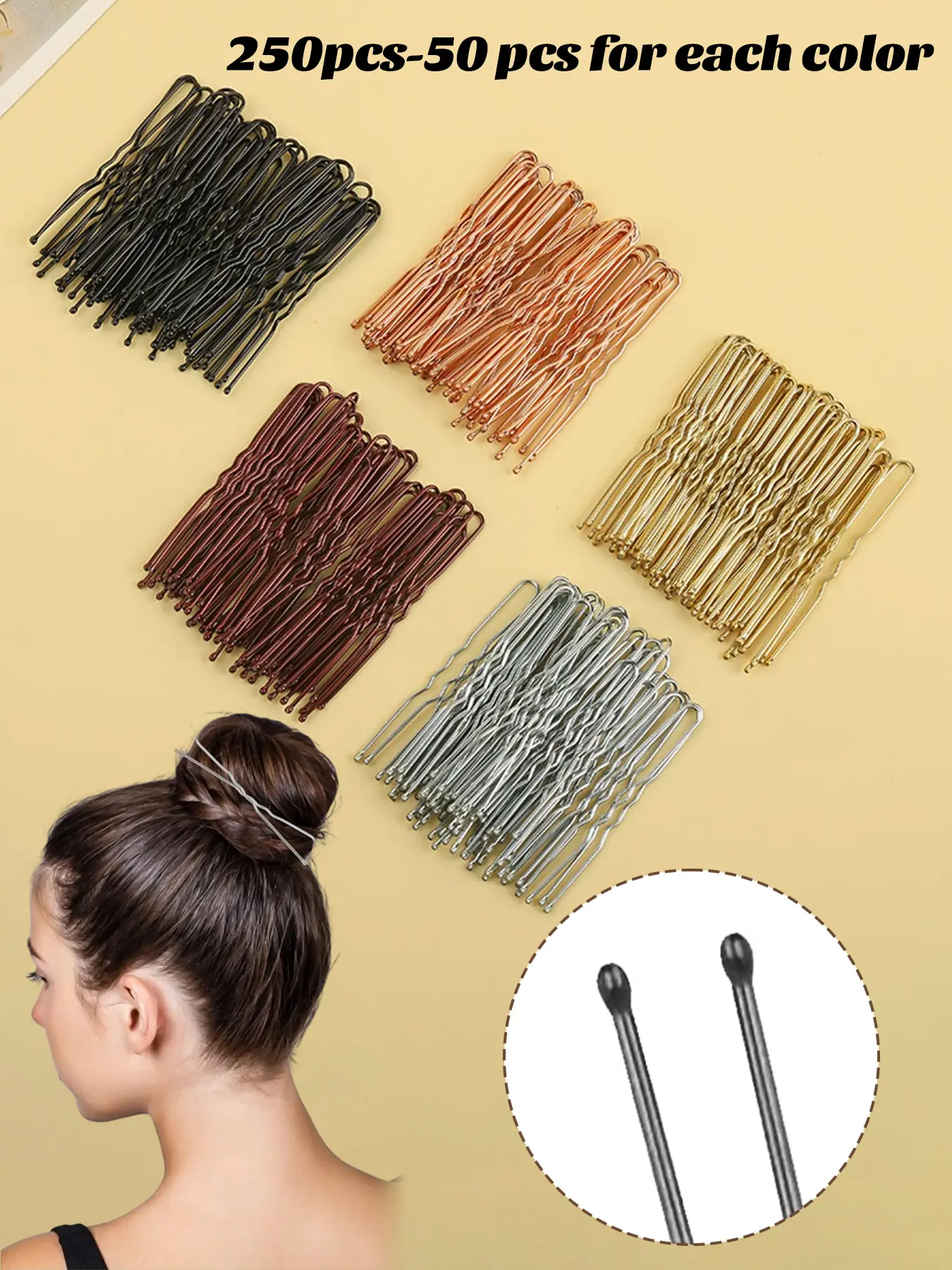 250pcs U Shaped Hair Bobby Pins Metal Clips for Women, 5 CM/2 Inch Twisted Curved Ball Tips Non-slip Decorative Thick Long Short, Hairdressing Wedding Accessories, for Salon Use and Daily Hair Styling Accessories