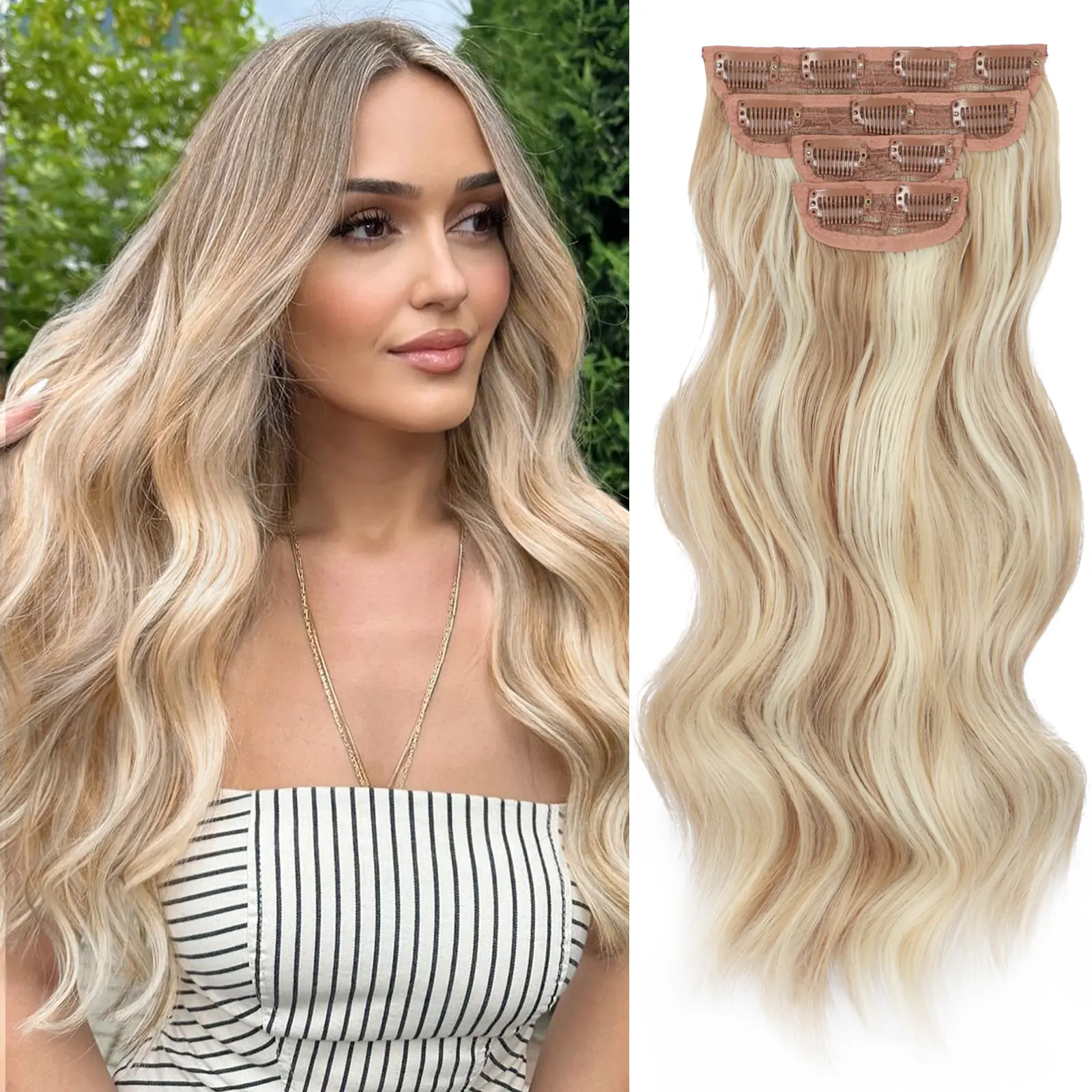 Vigorous Women's Highlight Blonde Wavy Synthetic Clip-In Hair Extensions - Soft Synthetic Hair, Wavy Mix Blonde Artificial Hairpieces, Easy-to-Install Long Extensions for Daily, Event Use