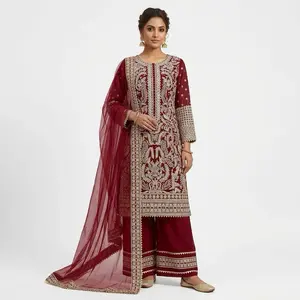 Indian Palazzo Suits in Dark Red Color with Intricate Embroidery and Matching Dupatta for Festive Wear