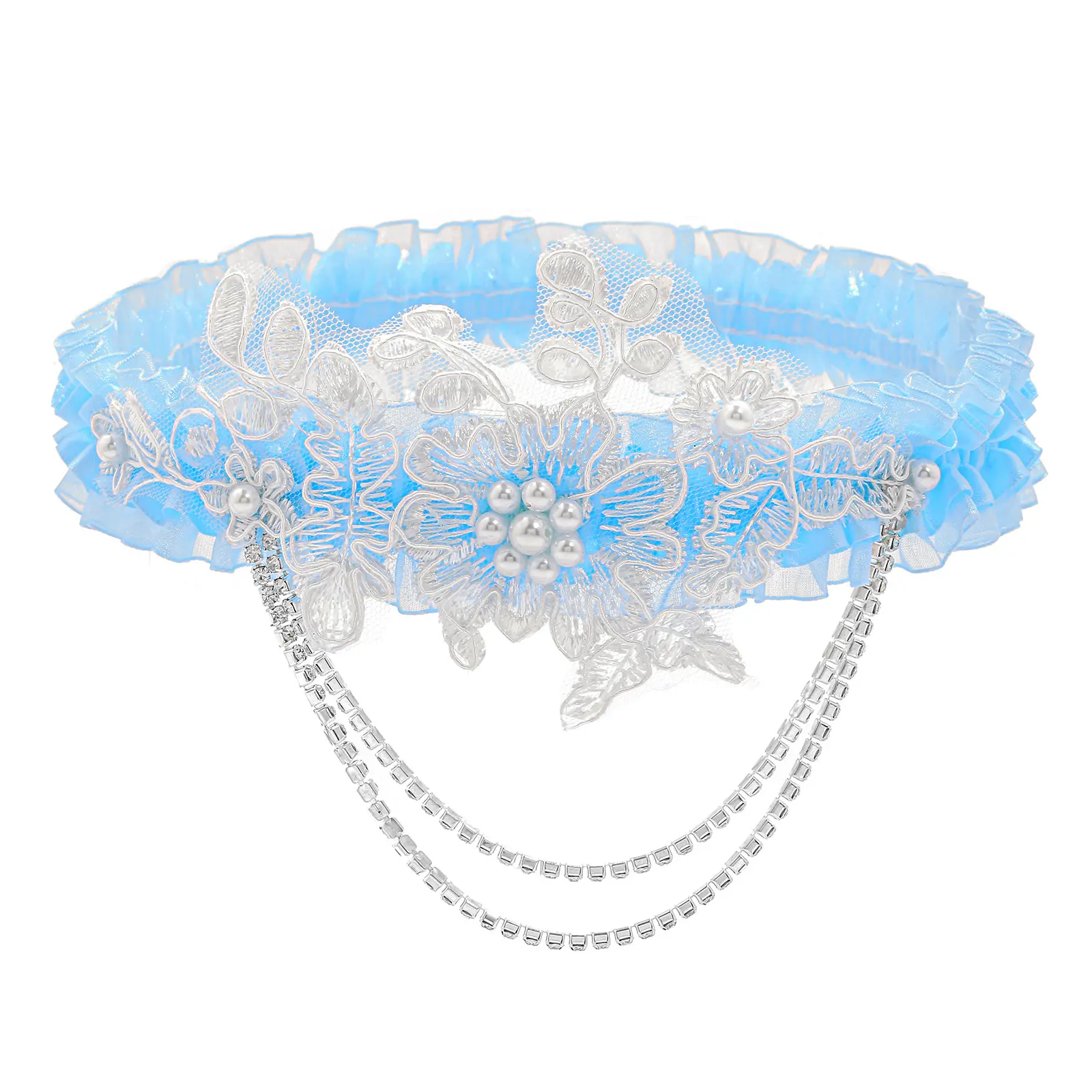 Zeelina Lace Elastic Garter Blue Pearl Garters Floral Leg Ring Rhinestone Bride for Wedding Prom Valentines Day