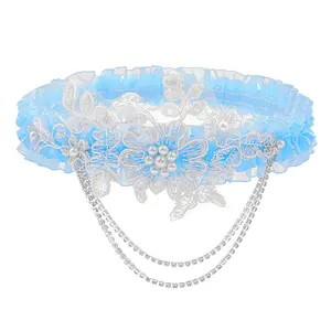 Zeelina Lace Elastic Garter Blue Pearl Garters Floral Leg Ring Rhinestone Bride for Wedding Prom Valentines Day