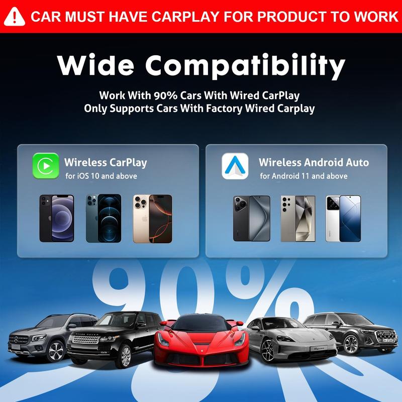 2026 Wireless CarPlay Adapter 2-in-1: Plug-and-play USB car connector, wired-to-wireless adapter compatible with iOS and Android systems. Note: This adapter is only suitable for vehicles that already have built-in wired CarPlay.