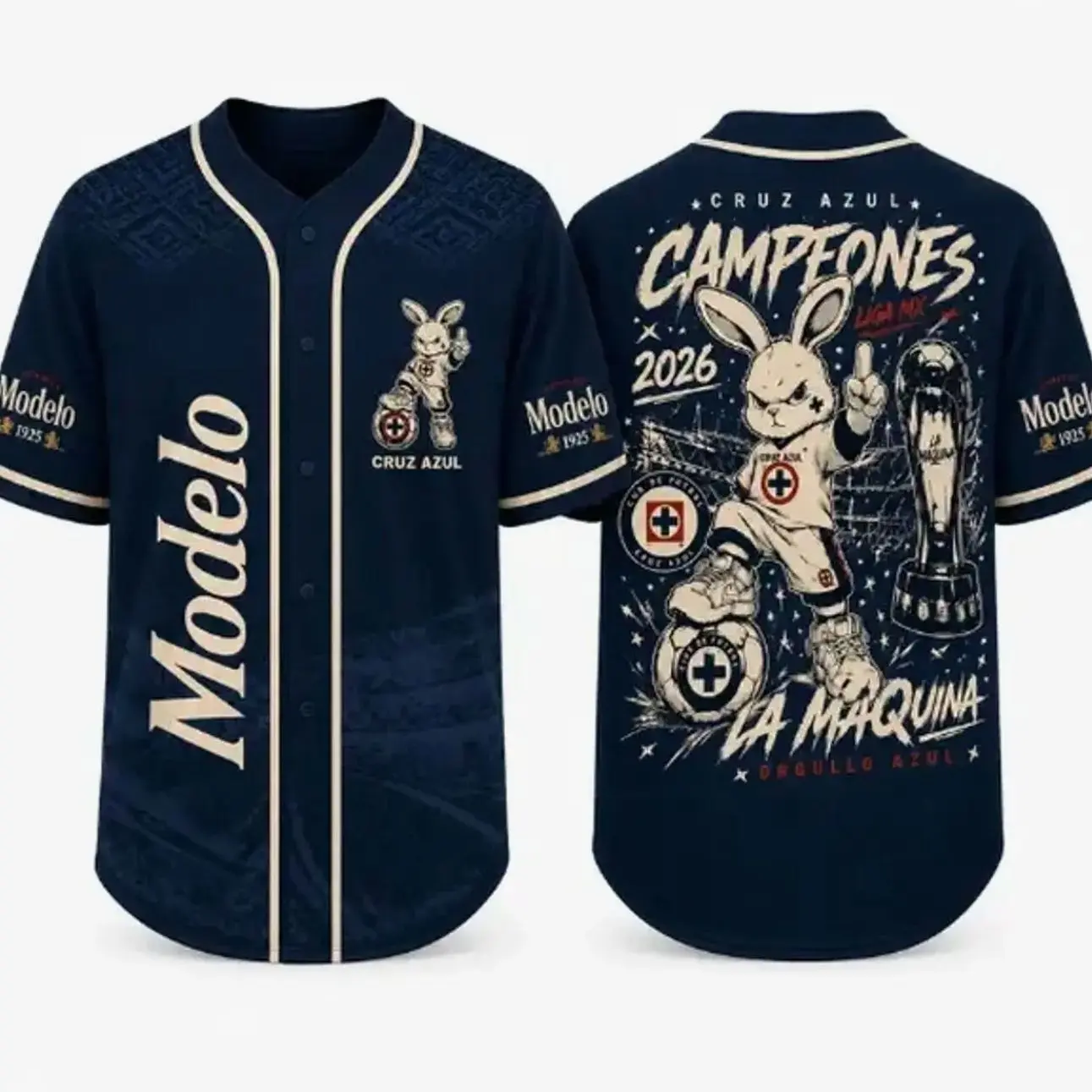 Cruz Azul Campeones Baseball Jersey, Modelo Mexico Soccer Shirt, Liga MX Bunny Mascot Streetwear Jersey Unisex EBB