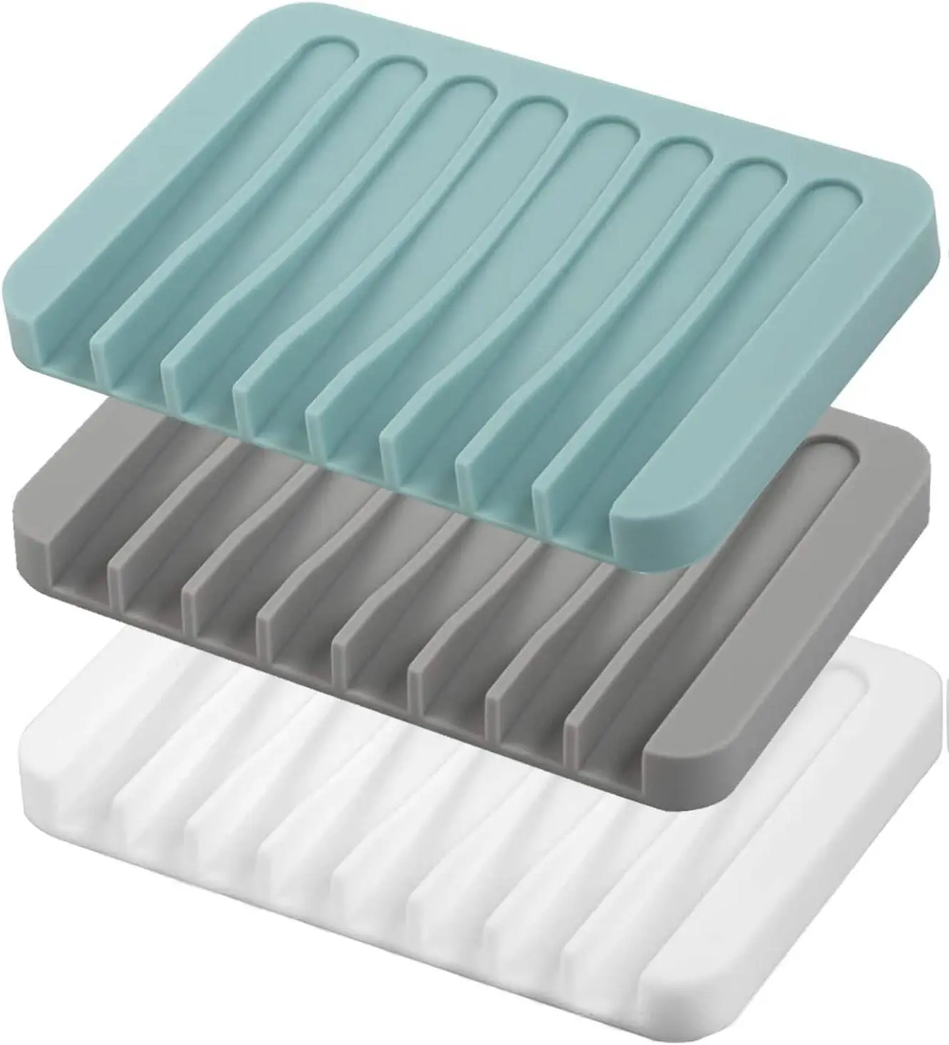 Self Draining Soap Dishes, 3 Pcs Silicone Soap Saver, Waterfall Drainer Soap Holder for Bathroom, Extend Soap Life, Keep Soap Bars Dry Clean & Easy Cleaning (White, Gray, Teal) Lightweight Shower