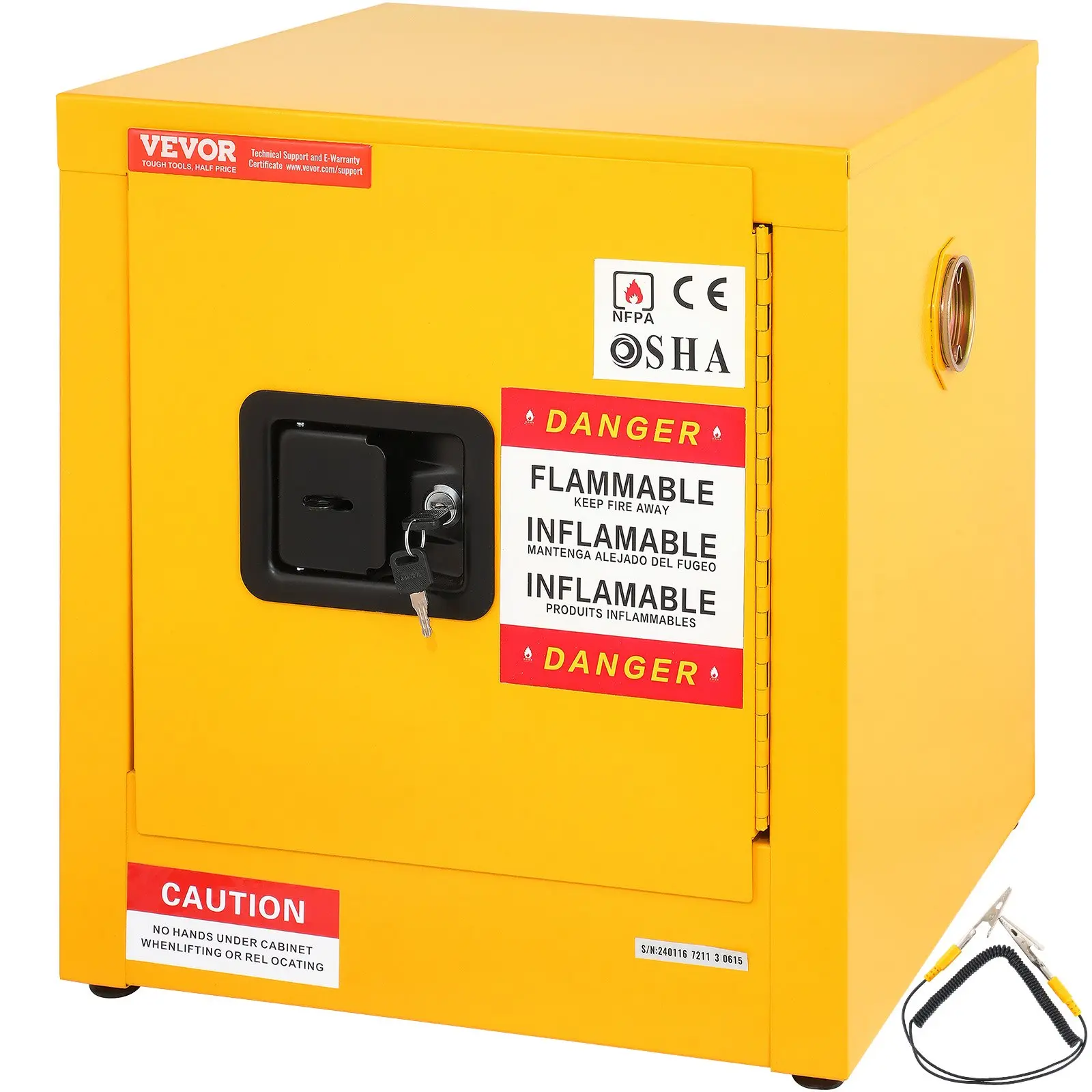 VEVOR SS-457 Model 11gal Flammable Safety Cabinet - Cold-Rolled Steel, 16.9x16.9x18.2in Explosion-Proof, 1-Door Hazardous Materials Organizer, NFPA Code 30 OSHA Compliant Yellow, 3-Point Security Lock for Industrial Use