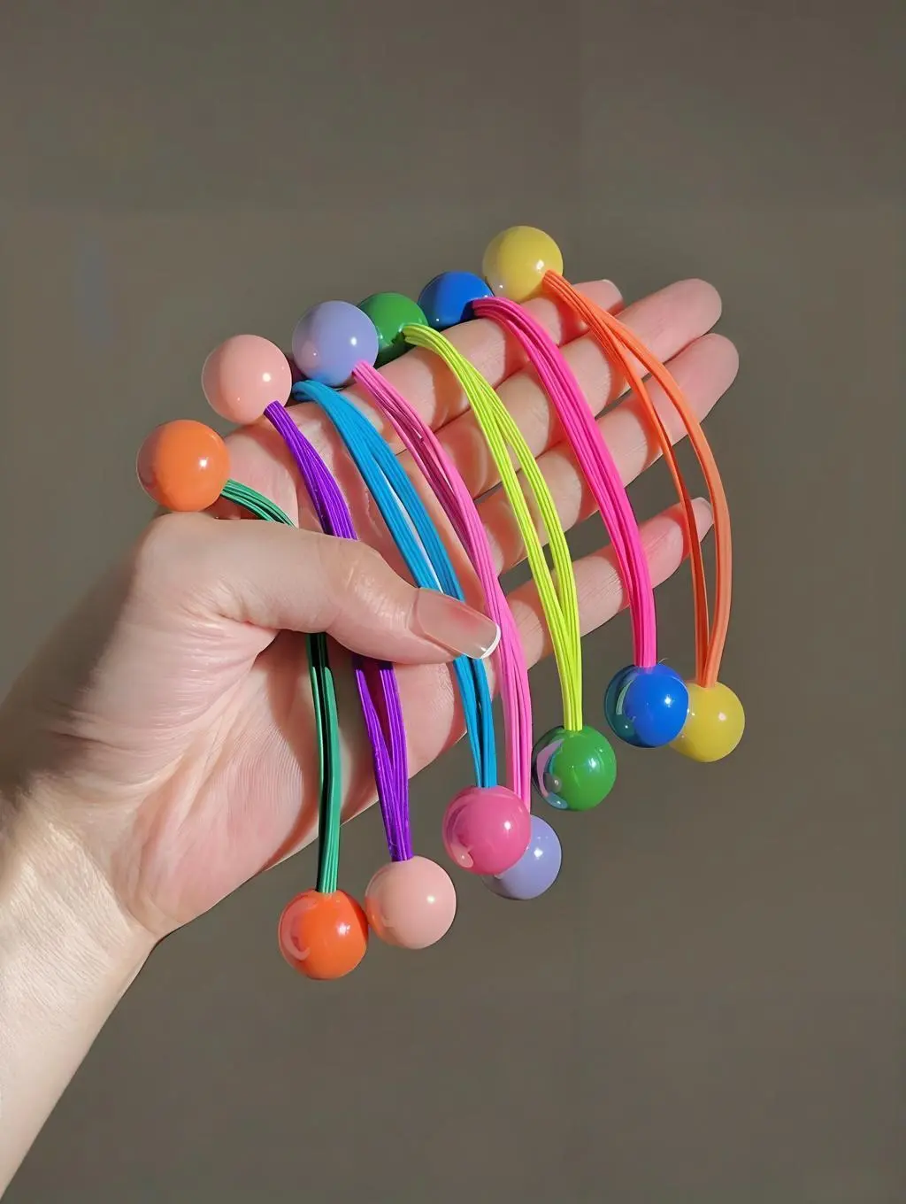 7-Piece Cute Rainbow Hair Tie Set with Colorful Ball Beads - Soft, Stretchy and Non-Damaging Elastic Bands for Girls, Plain, Hair Tie/Ribbon/Scrunchie, Soft Stretchable, Headband, Birthday