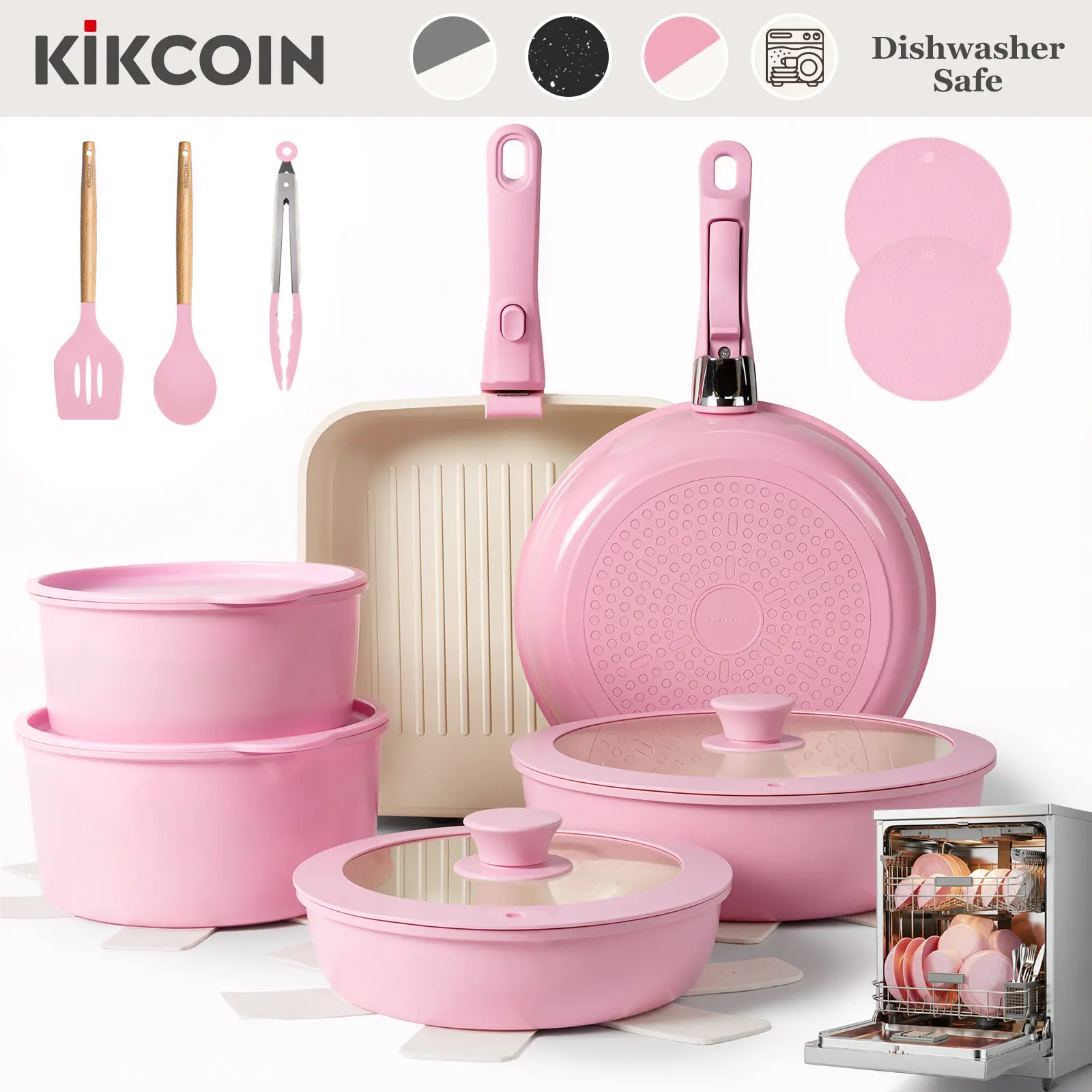 [SGS Certified]Kikcoin Ceramic Pro Non-Stick complete pots and pans set 22pcs Non-Toxic PFOAFree,Dutch oven,Cookware Set with Lids Detachable Handle,RV cook,Multifunctional,Healthy,milk pan,Roast Chicken Outdoor,,Easy Care,Kitchen,Mother’s Day gift tikt