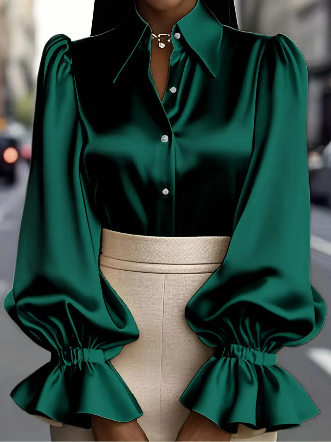 Elegant Women's Large Size Satin Chiffon Bubble Lantern Long Sleeve Blouse Shirt, Stand Collar Single Button Fashion Top for Fall Winter