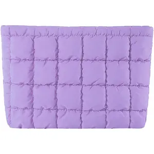 Women's Puffy Quilted Makeup Bag Purple Soft Cosmetic Clutch Travel Toiletry Organizer Pouch Spacious Lightweight