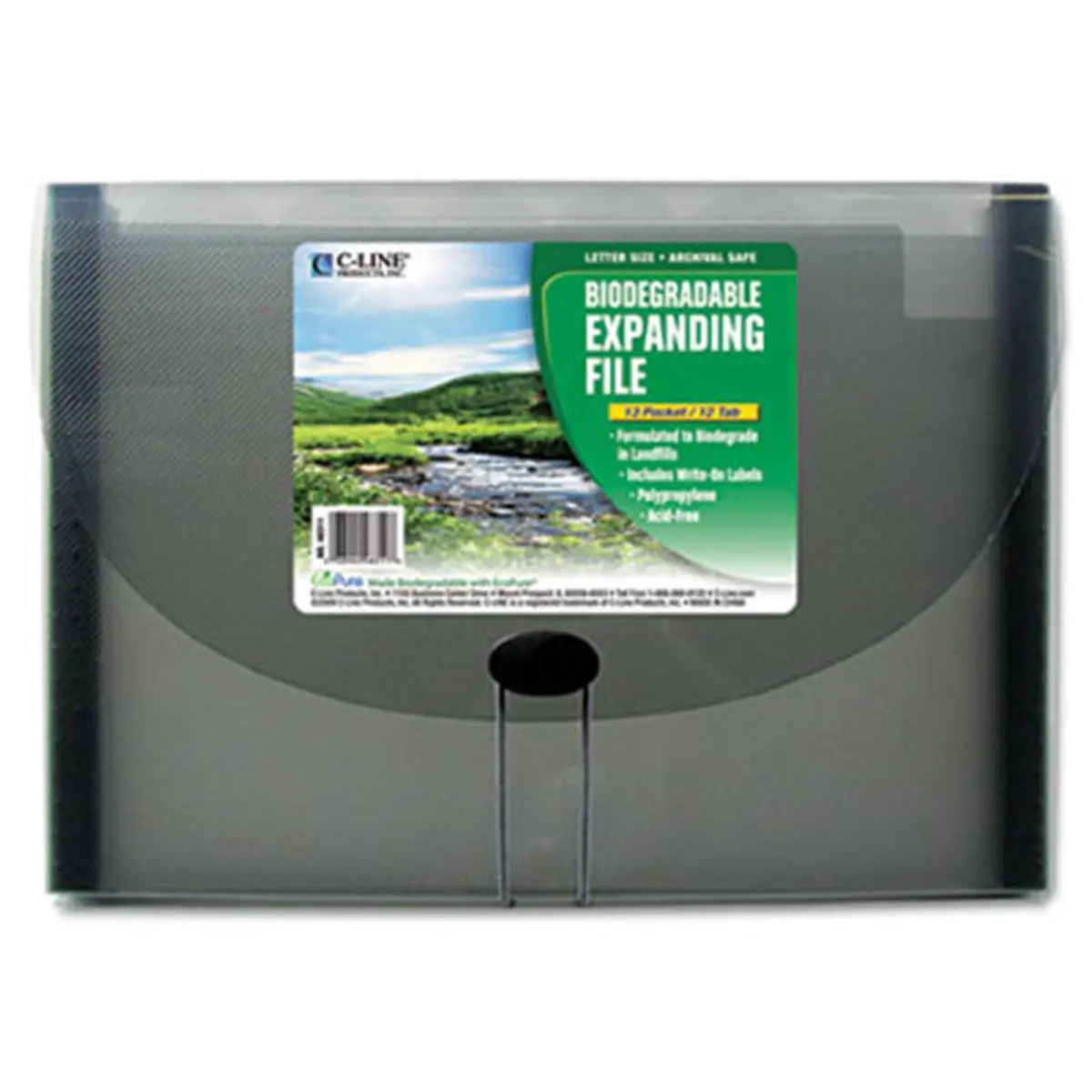 C-Line 48311 Polypropylene Expandable File Folder, 13-Pocket Ecological Biodegradable Letter Size (13 in x 9 1/4 in), Smoke, Top Tab, Write-On Tabs, Elastic String, Reduces Landfills Waste
