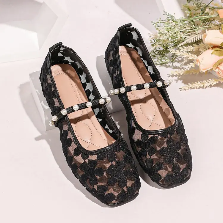 Women's  Shoes - Summer Casual, Round-Toe, Flat-Soled, Shallow Mesh Yarn, Flower-Embroidered Shoes