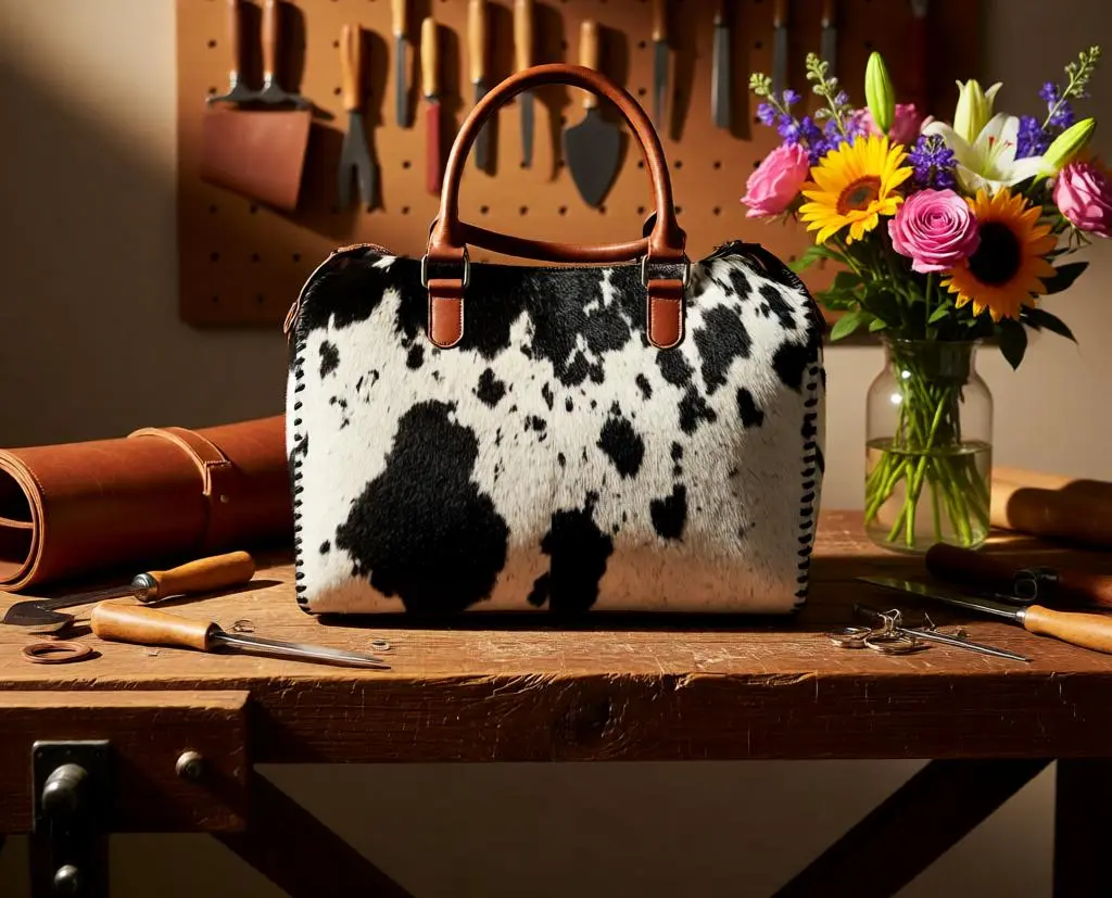 Women's Crossbody & Shoulder Bag, Ranch Reserve Genuine Hide Speedy Bag, Fashionable Multi-Size Cowhide Purse with Rolled Handles, Natural Marks for Everyday Use