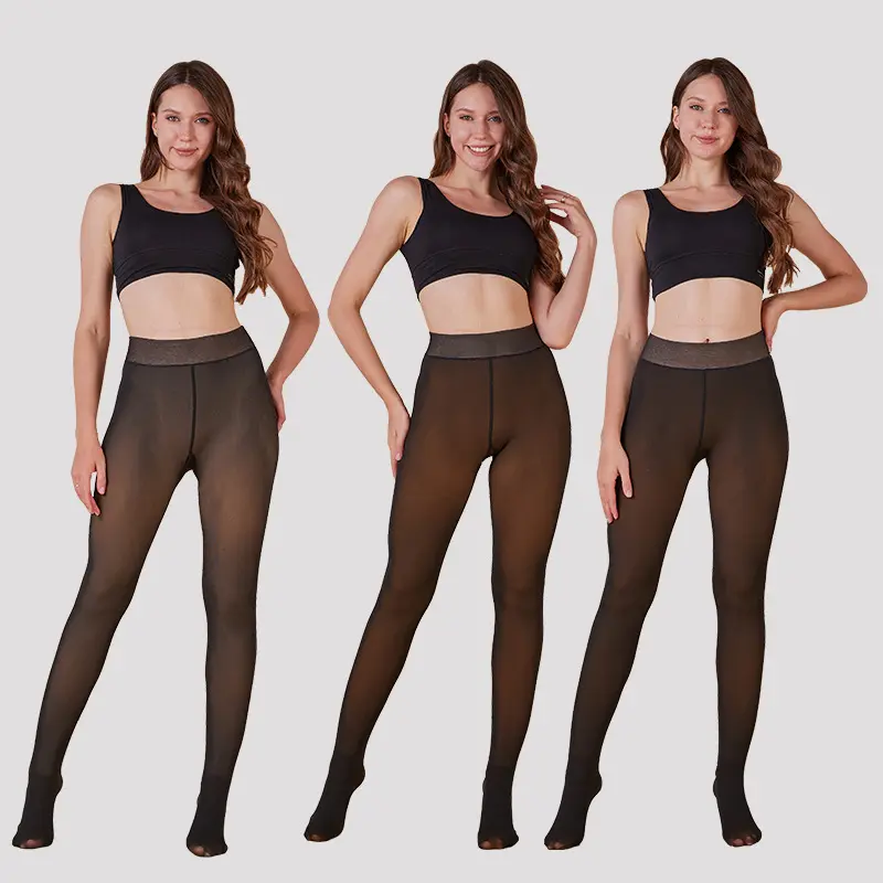 Plus Size Leggings, Women's Fleece-Lined Sheer-Look Thermal Tights, Minimalist Mid Waist for Fall Winter Outerwear, Coverage, Chic, Layer‑Ready Sheer, Plain