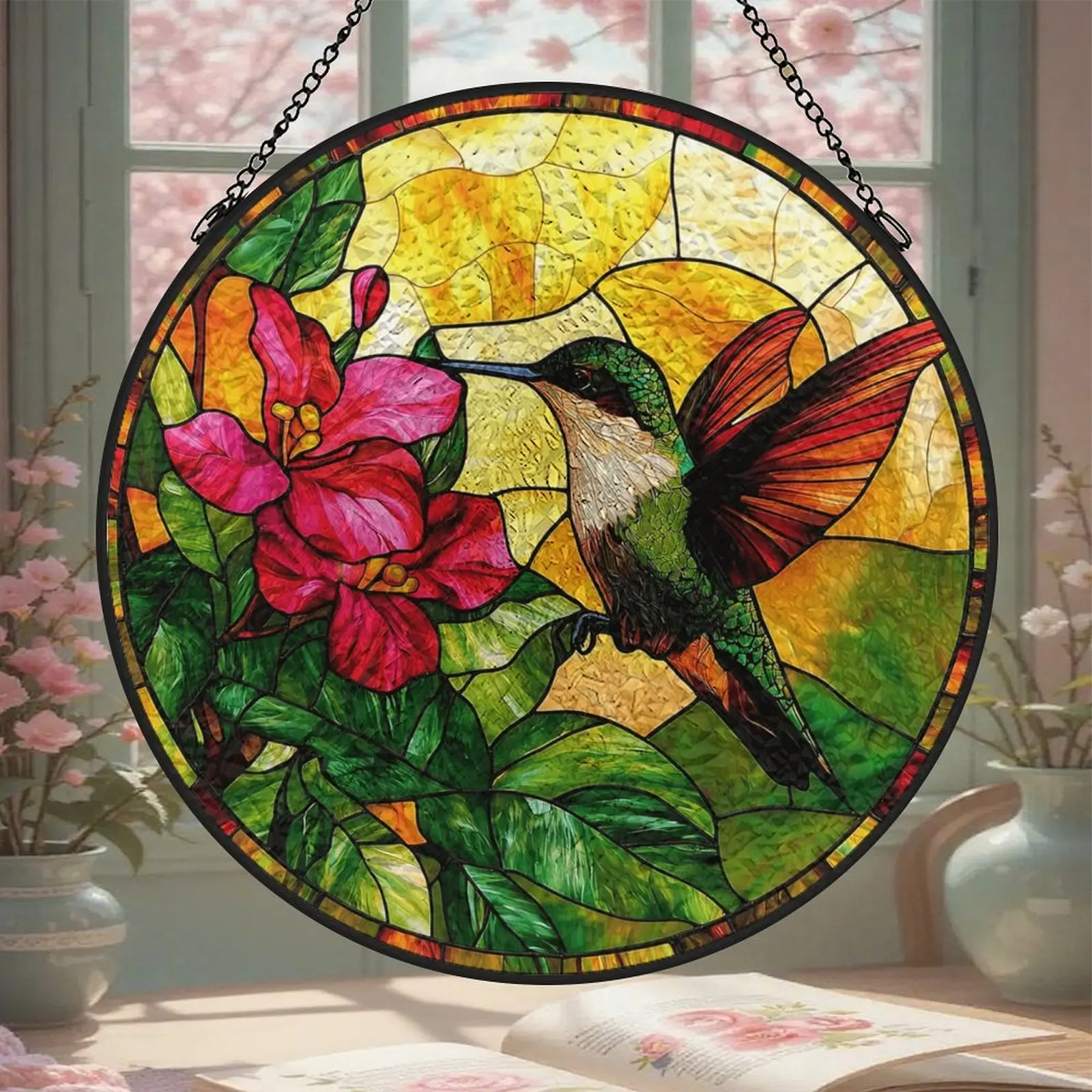 Stained Glass Hummingbird Suncatcher, 3.5in 6.3in 7.8in Metal Curve Decor with Red Flowers & Green Leaves, Window Hanging Ornament for Bird Lovers, Mother's Day Birthday Gift