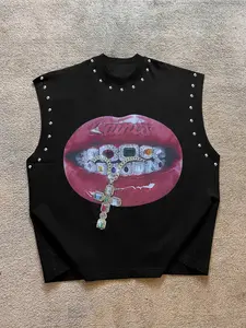 Men's Casual Fashion Graphic Vest, Menswear, Background Lip Print, Full Diamond Jewelry, Letter Slogan, Breathable Fitted Design, Fall Streetwear