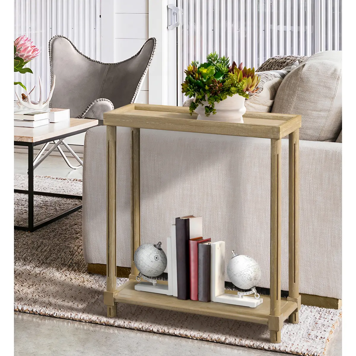 New Ridge Home Goods Harrison Narrow Side End Tables with Shelf, Set of 2, Distressed Oak