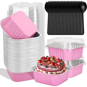 60 Pack 10oz Mini Disposable Cake Pans with ,  Foil Square Baking Cups, 4.4x4.4 Large Baking Cake Tins Cup Cake Containers with  for Thanksgiving Individual Cakes