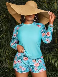 Plus Size Two-Piece Set Tropical Print Raglan Sleeve Tee & Elastic Waist Shorts Tankini Set, Boho Long Sleeve Round Neck Top & Shorts Swimsuit Set, Women's Swimwear for Summer Beach Holiday Vacation, Clothing