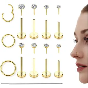CASSIECA 14K Gold Filled Flat Back Nose Studs For Women Men Hypoallergenic Surgical Steel Nose Rings Hoops- Threadless Flat Back Earrings Helix Cartilage Tragus Conch CZ Stud Labret Lip Nostril Septum Ring Body Piercing Jewelry 20G 18G 16G