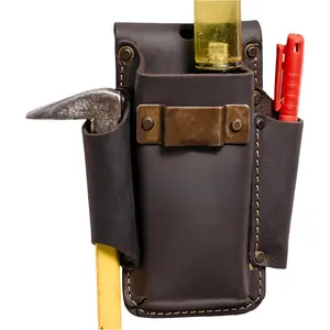 Small Leather Tool Pouch - 4-in-1 Heavy Top Grain Leather Small Tool Pouch with a Steel Tape Measure Clip, 3 Pockets & Reinforced Heavy Duty Rivets - Fits Belts up to 3" - Handcrafted