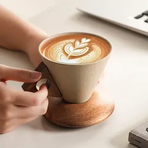 Handmade Ceramic Coffee Cup 250ML, Thick Porcelain with Large Spout, Funnel Shape, Real Wood Handle & Coaster, Ideal Coffee Cups Gift for Home Office Cafe