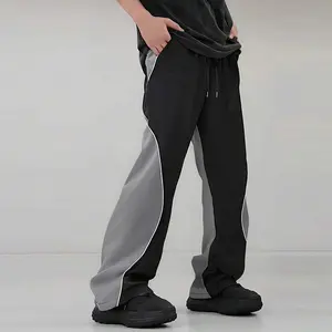Men's Outdoor Streetwear Jogger Pants, Black-Gray Color Block Stretch Elastic Waist, Unisex Straight Leg Y2K Hip-Hop Trendy Casual Pants