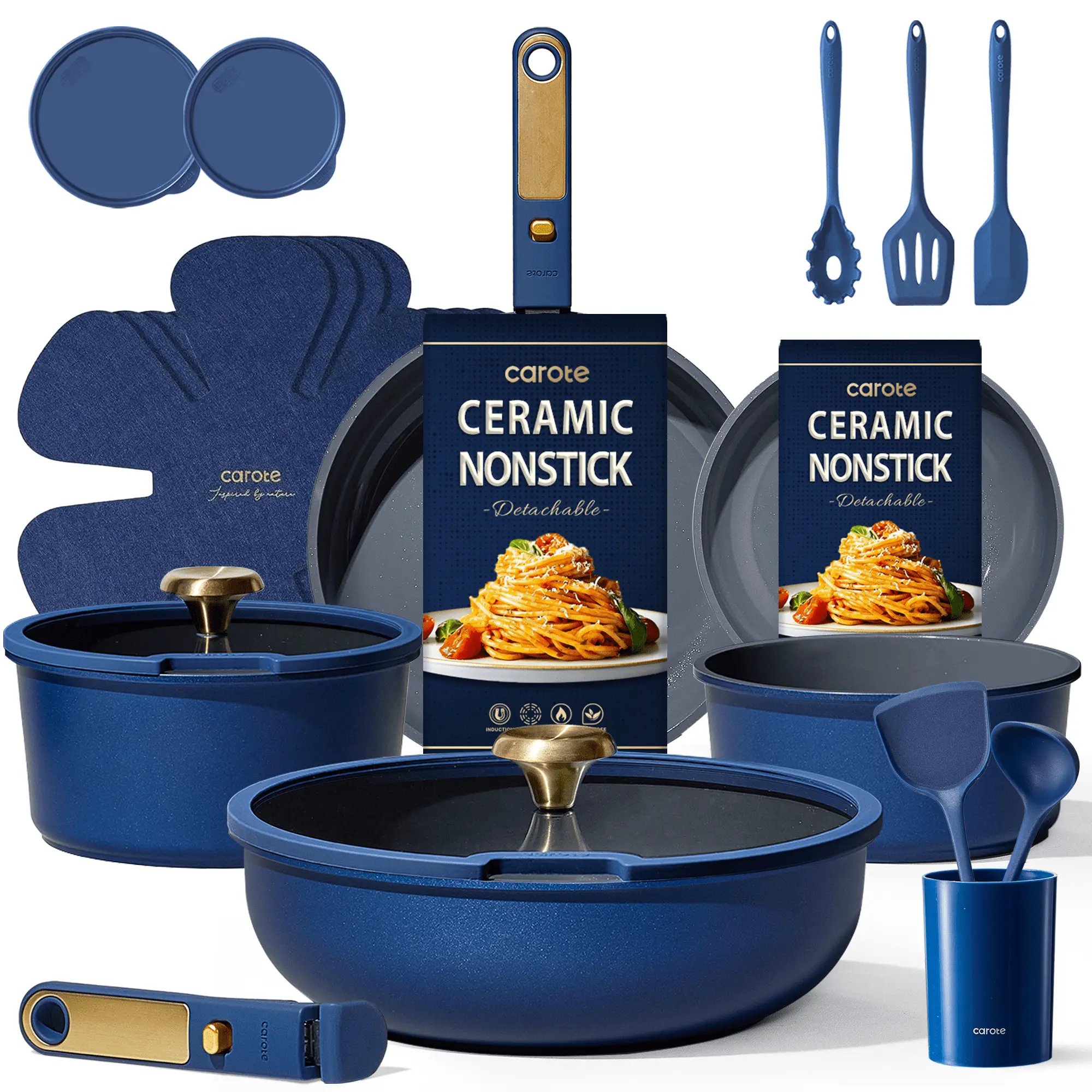 CAROTE 21-Piece Ceramic Cookware Set , Nonstick Pots and Pans Set with Detachable Handle and Lids, Induction Compatible