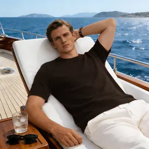 LazyRoad Old Money Style Silk-Wool Blend T-Shirt, Light Luxury Solid-Color Basic Short-Sleeve (Coffee)-16268