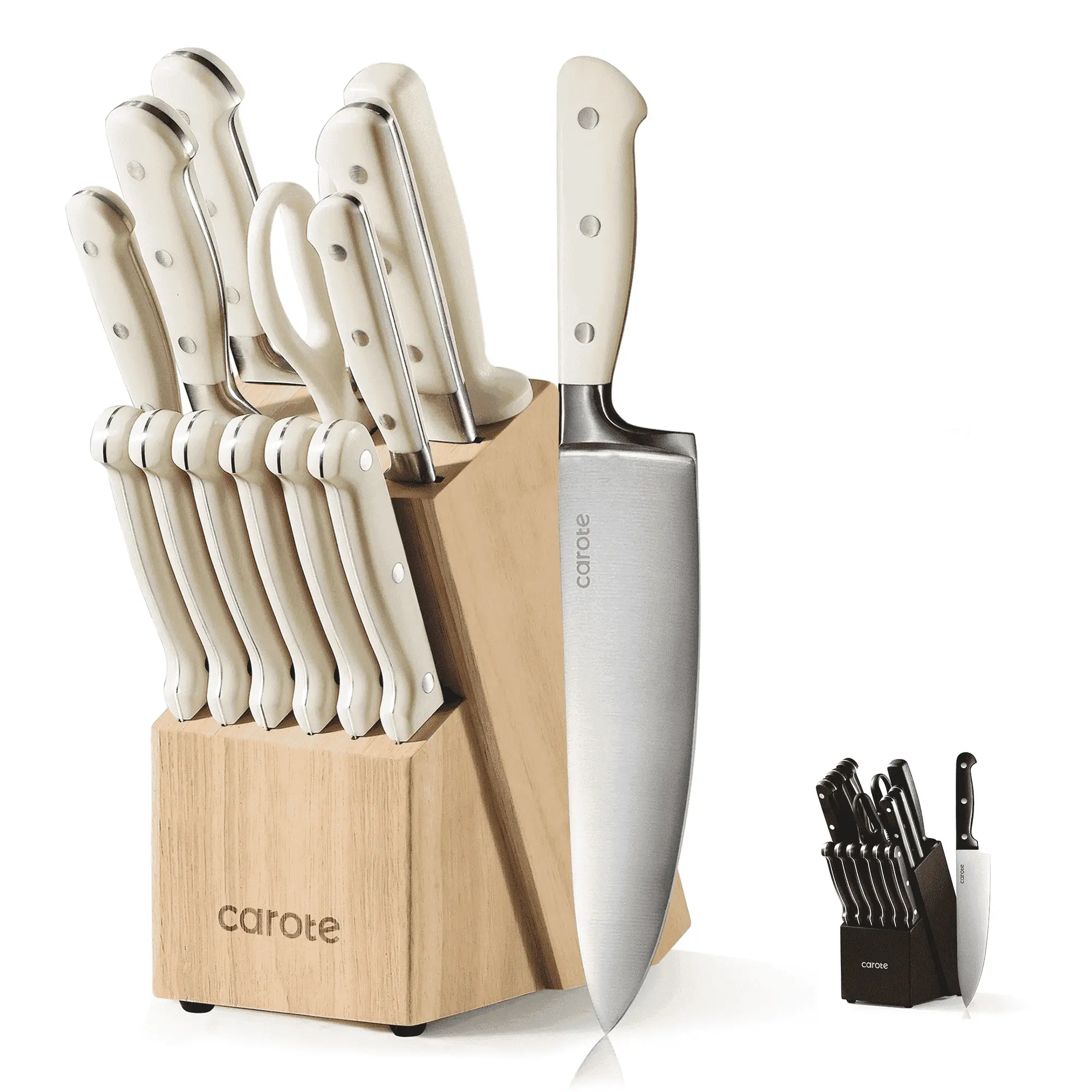 CAROTE 14-Piece Knife Set with Wooden Block, Stainless Steel Knives with Ergonomic Handle, Forged