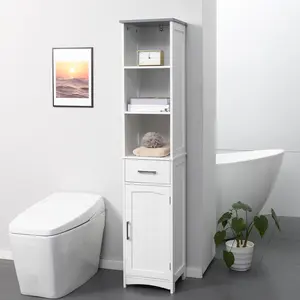 Tall Bathroom Storage Cabinet with 3 Tier Shelving Drawer and Adjustable Shelves Slim Freestanding Linen Tower White 13.5" W x 11.75" D x 64.25" H