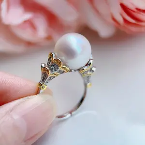Piswency Large Freshwater Pearl Statement Ring, Natural White with Pink Luster, 925 Sterling Silver Adjustable Ring with Cubic Zirconia, Gift for Her