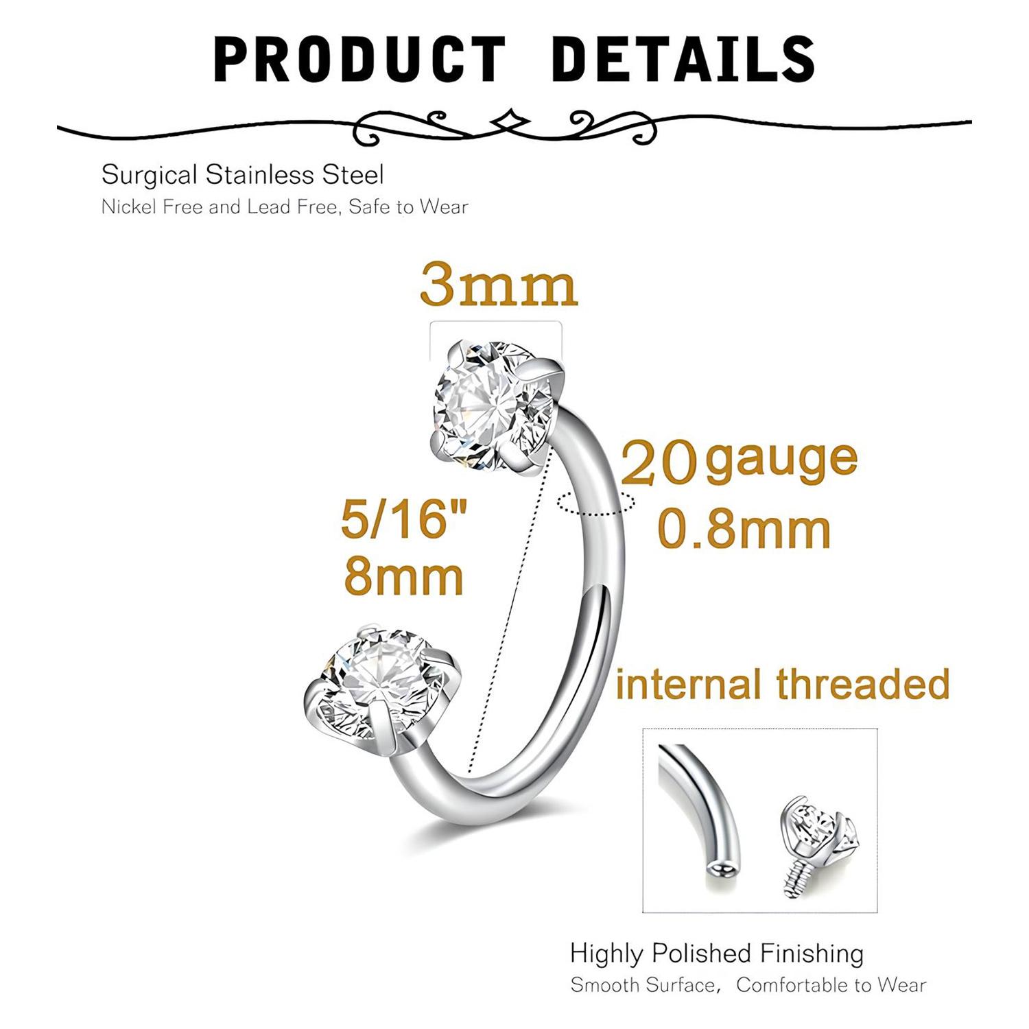18G Titanium Steel Nose Rings Set – Internally Threaded Horseshoe Hoop with Gems, Surgical Grade, Includes Insertion Tool