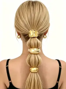 3-Piece Metal Geometric Hair Ties, Bohemian Ponytail Holders, Elegant Plain Design, Minimalist Daily Accessories, Elastic Hair Bands for Women and Girls