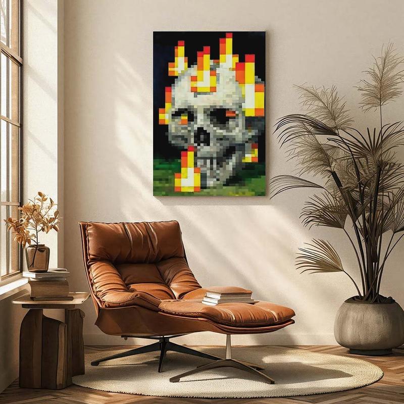 Vivid Pixel Skull Flame Canvas Poster Retro 8-Bit Video Game Style Wall Art for Living Room Bedroom Bathroom Decor Machine-Printed Home Decoration Ornaments Artistic Eco-Friendly Materials Fade-Resistant Waterproof UV-Protected Vibrant Colors