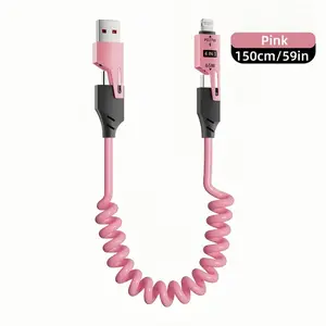 JOYTUTUS 65W One-to-Two Elbow Spring Type-C Car Cable, CarPlay/CarLife, Girly Pink, for iPhone 15/16, iPad Pro, Samsung etc. Gift ideas, Valentine's Day gifts, Charging Retractable Smartphone Cellphone Electronic Charger,