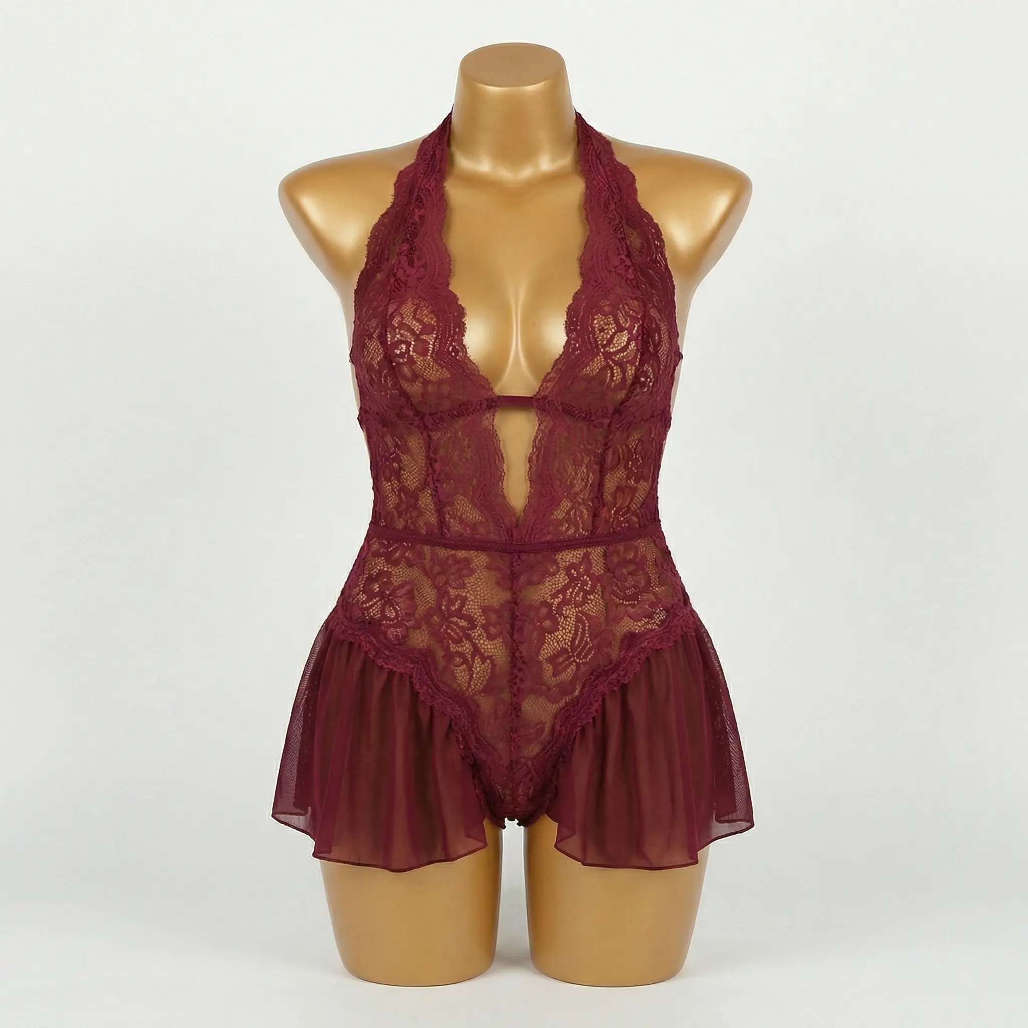 Women's Sexy Lace Halter Babydoll Lingerie | Soft Stretchy Sheer Mesh  Backless Nightwear with Scallop Trim,