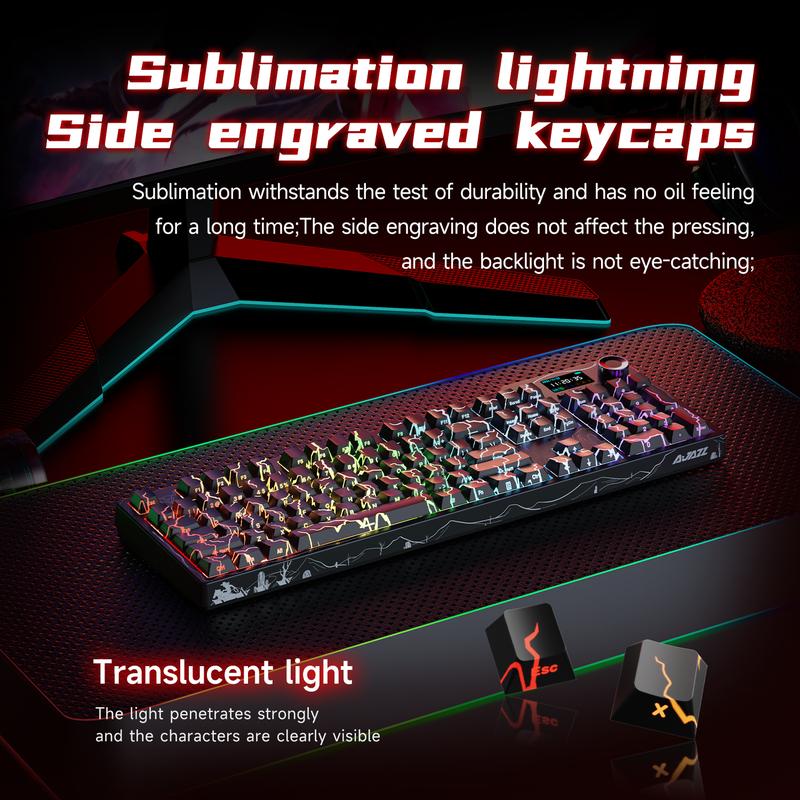 Ajazz AK35I V4 QMK Full-Size Wireless Ergonomic Mechanical Gaming Keyboard with Rotary Knob and Smart Screen Numeric Keypad. The perfect choice for both gaming and office use. Cream-colored keyboard. Christmas gift.