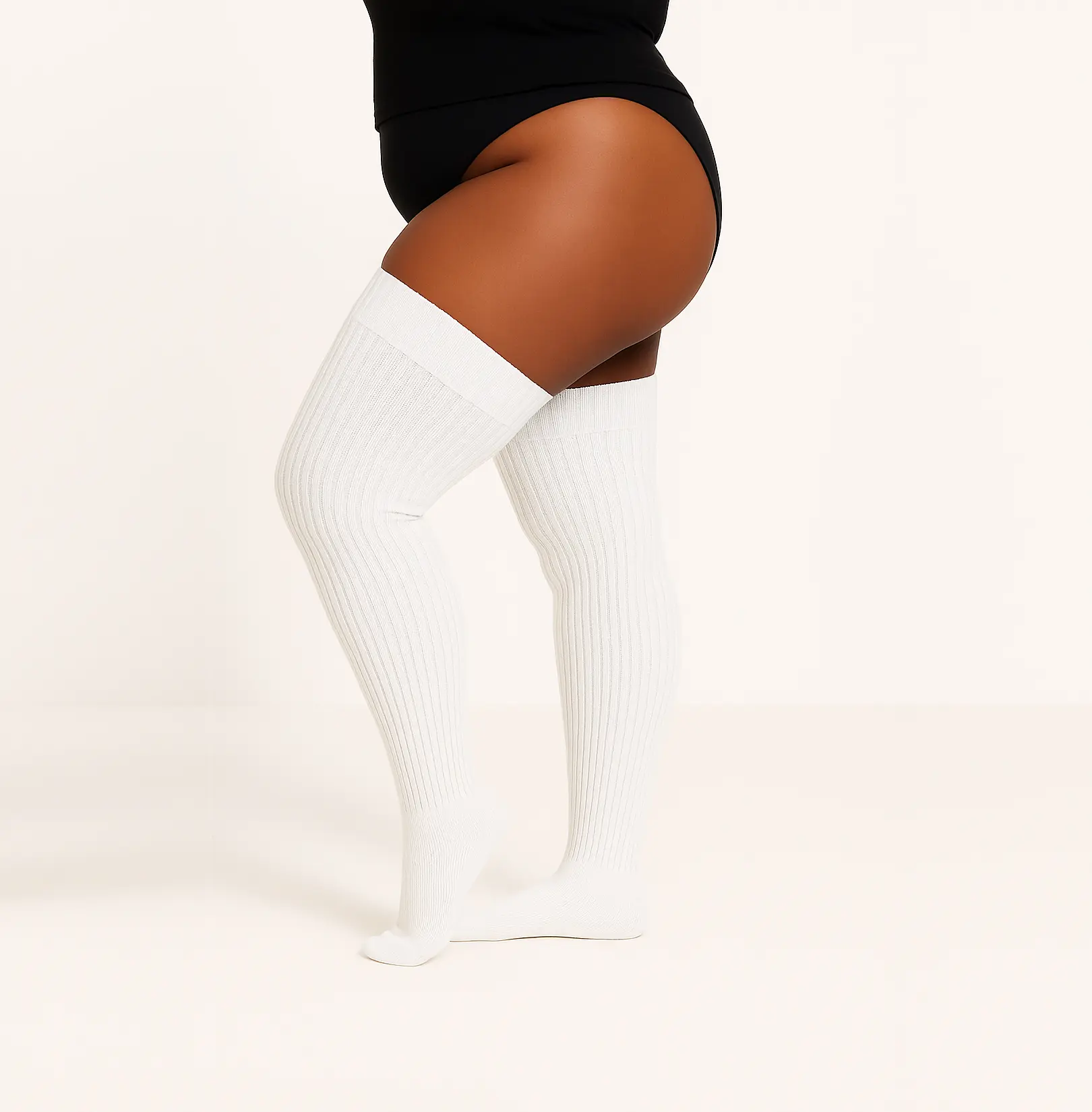 Plus Size Thigh High Socks - White Color / Ribbed Style / Acrylic