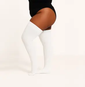 Plus Size Thigh High Socks - White Color / Ribbed Style / Acrylic