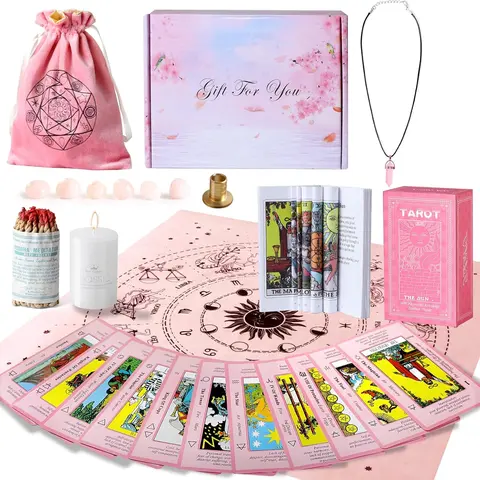Tarot Cards Set with Meanings on Them-Beginner Tarot Deck Set-Tarot Spread Cloth,Velvet Pouches-Tarot Cards for Beginners Crystal-Rope Satya Incense