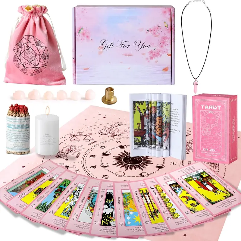 Tarot Cards Set with Meanings on Them-Beginner Tarot Deck Set-Tarot Spread Cloth,Velvet Pouches-Tarot Cards for Beginners Crystal-Rope Satya Incense